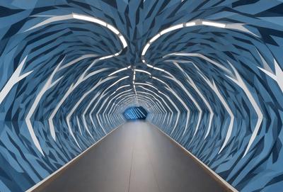 The primary subject of the image is a tunnel with a blue and white patterned wall. The setting is an underground tunnel, and the visual style is a photo. The dominant colors are blue and white, creating a calm and serene atmosphere.