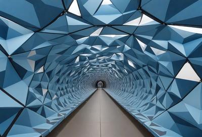 The primary subject of the image is a tunnel with a blue and white geometric pattern on the walls. The setting is an underground tunnel, and the visual style is a combination of photo and digital art. The dominant colors are blue and white, creating a calm and serene atmosphere.