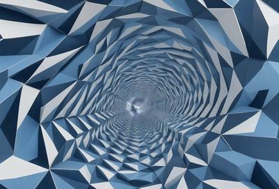 The primary subject of the image is a large, three-dimensional, geometric structure made of white and blue triangles. The setting is a dark, tunnel-like environment, with the structure extending into the distance. The visual style is a combination of digital art and illustration, creating a unique and intricate design. The dominant colors are white and blue, giving the structure a clean and modern appearance. The overall atmosphere is one of depth and complexity, as the viewer is drawn into the tunnel-like space created by the interlocking tri