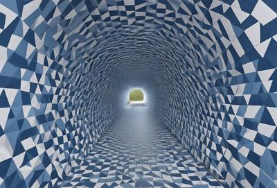 The primary subject of the image is a tunnel with a blue and white patterned wall. The setting is an underground tunnel, and the visual style is a combination of photo and digital art. The dominant colors are blue and white, creating a calm and serene atmosphere.