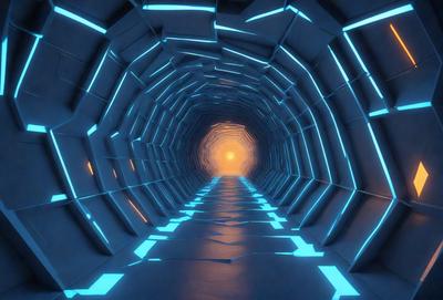 The primary subject of the image is a long, narrow tunnel with a blue light illuminating it. The setting is a futuristic environment, possibly a space station or an underground facility. The visual style is a combination of digital art and illustration, creating a unique and captivating atmosphere. The dominant colors are blue and orange, which contribute to the futuristic and dynamic mood of the scene.