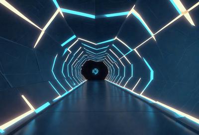 The primary subject of the image is a tunnel with a blue lighting effect. The setting is a dark tunnel with a blue glow, creating a unique atmosphere. The visual style is a combination of a photo and digital art, as the tunnel appears to be a part of a futuristic cityscape. The colors and mood are predominantly blue, giving the scene a sense of depth and mystery.