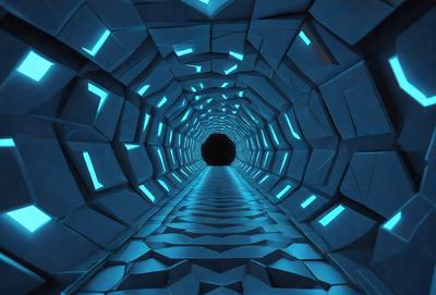 The primary subject of the image is a tunnel with a blue light illuminating it. The tunnel appears to be made of blocks, giving it a unique and interesting appearance. The setting is a dark environment, with the blue light creating a contrasting atmosphere. The visual style of the image is digital art, as it is a computer-generated representation of the tunnel. The dominant colors in the image are blue and black, creating a sense of depth and mystery.