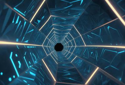 The primary subject of the image is a tunnel-like structure with a blue light illuminating it. The tunnel appears to be made of glass, and it has a futuristic and modern design. The setting is a dark room, and the visual style is a combination of digital art and illustration. The dominant colors in the image are blue and black, creating a moody and futuristic atmosphere.