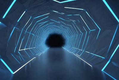 The primary subject of the image is a tunnel with a blue light illuminating it. The setting is a dark tunnel, and the visual style appears to be a digital art or illustration. The dominant colors are blue and black, creating a moody atmosphere.