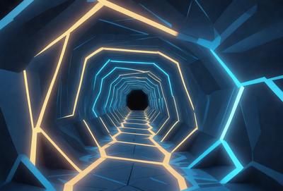 The primary subject of the image is a tunnel with a blue light illuminating it. The setting is a dark, enclosed space, and the visual style appears to be a digital art or illustration. The dominant colors are blue and yellow, creating a vibrant and energetic atmosphere.