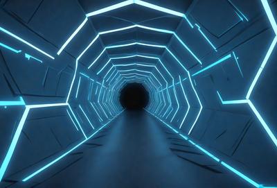 The primary subject of the image is a long, blue-lit tunnel. The setting is a futuristic environment, with the tunnel being the main focus of the scene. The visual style is a combination of digital art and illustration, creating a unique and captivating atmosphere. The dominant colors are blue and white, which contribute to the futuristic and technological vibe of the scene.