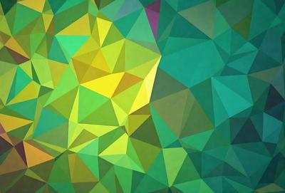 The primary subject of the image is a colorful, geometric pattern featuring a mix of green, yellow, and purple colors. The setting is a large, open space with a backdrop of a green and yellow geometric pattern. The visual style of the image is a combination of digital art and illustration, creating a vibrant and lively atmosphere.