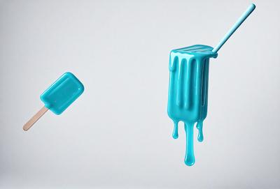 The primary subject of the image is a blue popsicle. The setting is a white background, and the visual style is digital art. The popsicle is dripping with blue icing, creating a visually appealing and colorful scene. The overall atmosphere is light-hearted and fun, as the popsicle is depicted in a playful manner.