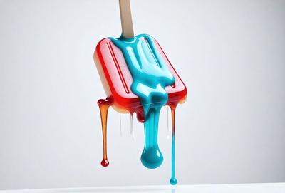 The primary subject of the image is a popsicle with a wooden stick in it. The popsicle is dripping with different colored icing, creating a visually appealing and colorful scene. The setting is a white background, which provides a clean and minimalistic environment for the popsicle to stand out. The visual style of the image is a combination of photo and digital art, as it captures the vibrant colors and dripping icing in a realistic yet artistic manner. The overall atmosphere of the image