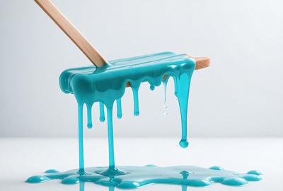 The primary subject of the image is a blue frosting or icing, which appears to be dripping or melting. The setting is a white surface, possibly a table or countertop. The visual style is a close-up of the frosting, showcasing its texture and color. The dominant colors are blue and white, creating a cool and creamy atmosphere.
