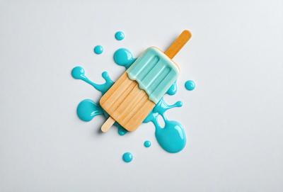 The primary subject of the image is a wooden popsicle stick with a popsicle on it. The popsicle is blue and has a dripping effect, giving the impression of melting. The setting is a white background, which provides a clean and minimalistic look to the image. The visual style is a combination of a photo and digital art, as the popsicle and stick are depicted in a realistic manner, while the dripping effect is a digital art element. The colors and mood of the image are pre