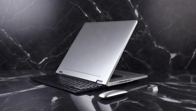 The primary subject of the image is a laptop computer. The laptop is sitting on a black marble countertop, which serves as the setting for the scene. The visual style of the image is a photo, capturing the laptop in its natural environment. The colors and mood of the image are predominantly black and white, giving it a sleek and modern appearance.