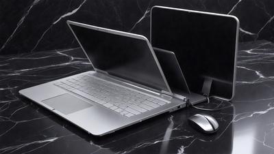 The primary subject of the image is a laptop computer. The laptop is open and sitting on a black marble countertop. The setting is a black and white photo, giving the image a classic and elegant appearance. The visual style is a high-quality photograph, capturing the details of the laptop and its surroundings. The colors and mood of the image are predominantly black and white, creating a timeless and sophisticated atmosphere.