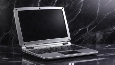 The primary subject of the image is a laptop computer. The laptop is sitting on a table, and it is open and ready for use. The setting is a black and white background, which gives the image a classic and timeless feel. The visual style is a photo, capturing the details of the laptop and its surroundings. The colors and mood of the image are predominantly black and white, creating a sense of simplicity and elegance.