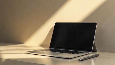 The primary subject of the image is a laptop computer. It is placed on a white table, which serves as the setting for the scene. The visual style of the image is a photo, capturing the laptop in its natural environment. The colors and mood of the image are predominantly neutral, with the laptop being the main focus of the scene.