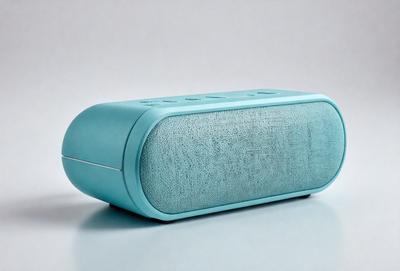 The primary subject of the image is a blue speaker, which is placed on a white surface. The speaker is a small, rectangular shape with a patterned design. The setting is a simple, clean environment, with no other objects or distractions visible in the image. The visual style is a close-up of the speaker, emphasizing its unique design and color. The colors and mood of the image are predominantly blue and white, creating a calm and minimalist atmosphere.