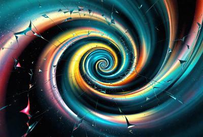 The primary subject of the image is a spiral pattern, which is a part of a larger, colorful swirl. The spiral is surrounded by a vibrant, colorful background, creating a visually striking scene. The visual style of the image is a combination of digital art and illustration, with the spiral pattern and swirl being digitally created and the overall atmosphere being lively and dynamic.