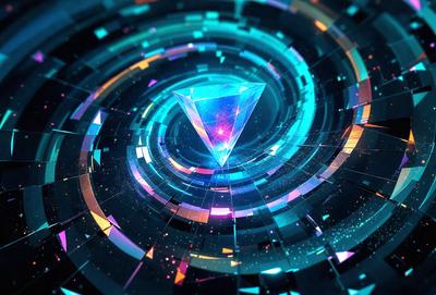Primary subject: A blue crystal or diamond shape.
Setting/background: A blue and purple background with a swirling pattern.
Visual style: Digital art or illustration.
Colors and mood: The blue and purple colors create a calming and serene atmosphere.