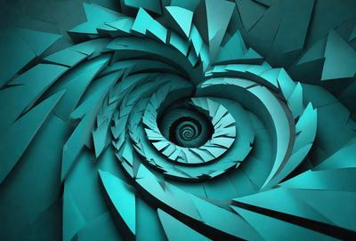 The primary subject of the image is a spiral-shaped structure, possibly a staircase or a sculpture, with a blue color scheme. The setting is a dark room, and the visual style appears to be a combination of digital art and illustration. The colors and mood of the image are predominantly blue, creating a sense of depth and intrigue.