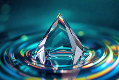 The primary subject of the image is a large, clear crystal that is floating in a blue liquid. The crystal is positioned in the center of the scene, and its reflection can be seen on the surface of the water. The setting appears to be a swimming pool, as the water is blue and the crystal is floating on top. The visual style of the image is a close-up of the crystal, showcasing its unique shape and appearance. The colors and mood of the image are predominantly blue,