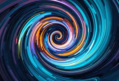 The primary subject of the image is a spiral pattern, which is a digital art piece. The spiral is set against a blue background, giving it a vibrant and lively appearance. The visual style of the image is digital art, and the dominant colors are blue and orange, creating a dynamic and energetic mood.
