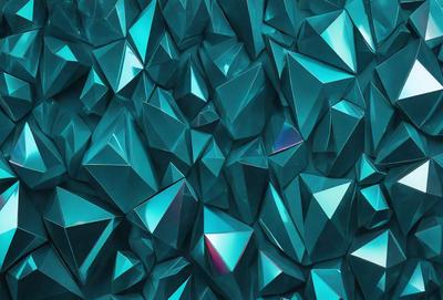 The primary subject of the image is a large, blue, geometric pattern made up of many small, triangular shapes. The setting is a blue background, which complements the vibrant colors of the pattern. The visual style is a combination of digital art and illustration, creating a unique and eye-catching design. The dominant colors are blue and purple, giving the pattern a calming and soothing atmosphere.