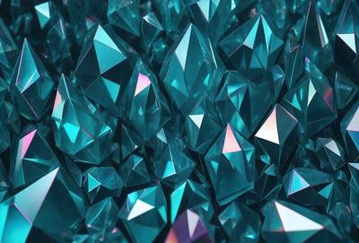The primary subject of the image is a large group of blue crystals, possibly glass or gems, arranged in a visually appealing manner. The setting is a blue background, which complements the vibrant colors of the crystals. The visual style appears to be a combination of a photo and digital art, creating a unique and eye-catching display. The dominant colors are blue and purple, giving the image a calming and serene atmosphere.