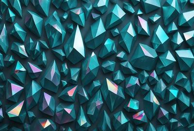 The primary subject of the image is a large, colorful wall made up of many small, blue and purple crystals. The setting is a dark room, and the visual style appears to be a combination of digital art and illustration. The dominant colors are blue and purple, creating a vibrant and lively atmosphere.