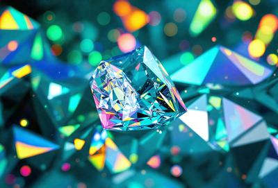 The primary subject of the image is a large, colorful, and shiny crystal. The setting is a blue background, which creates a vibrant and lively atmosphere. The visual style is a combination of photo and digital art, giving the image a unique and eye-catching appearance. The colors and mood are predominantly blue and green, with the crystal being the focal point and the background providing a sense of depth and dimension.