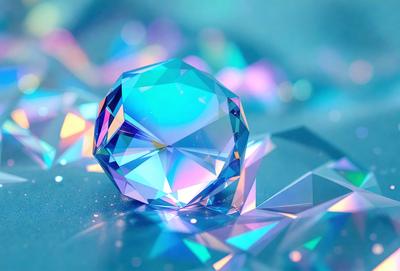 The primary subject of the image is a large, colorful, blue and purple crystal. The setting is a blue background, which creates a striking contrast with the vibrant colors of the crystal. The visual style appears to be a combination of photo and digital art, as the crystal is depicted in a detailed and realistic manner. The overall atmosphere of the image is lively and captivating, with the crystal being the main focus of the scene.