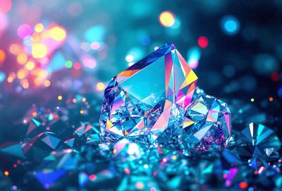 The primary subject of the image is a large, colorful crystal. The setting is a blue background, which creates a vibrant and lively atmosphere. The visual style is a combination of photo and digital art, giving the image a unique and eye-catching appearance. The dominant colors are blue and purple, which contribute to the overall mood of the image.