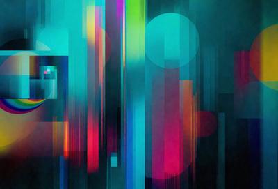 The primary subject of the image is a colorful, abstract art piece featuring a mix of blue, pink, and yellow colors. The setting is a dark background, which contrasts with the vibrant colors of the artwork. The visual style appears to be a combination of digital art and illustration, creating a unique and eye-catching piece. The overall atmosphere of the image is energetic and lively, thanks to the bold and bright colors used in the artwork.