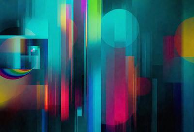 The primary subject of the image is a colorful, abstract art piece featuring a mix of blue, pink, and yellow colors. The setting is a dark background, which contrasts with the vibrant colors of the artwork. The visual style appears to be a combination of digital art and illustration, creating a unique and eye-catching piece. The overall atmosphere of the image is energetic and lively, thanks to the bold and bright colors used in the artwork.