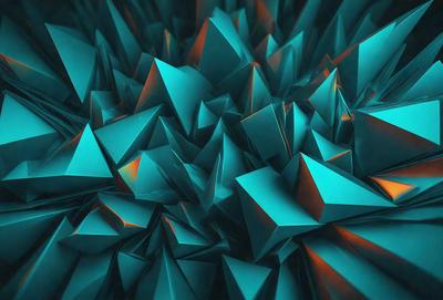 The primary subject of the image is a large, colorful, and intricate arrangement of blue triangles. The setting is a blue background, which complements the vibrant colors of the triangles. The visual style is a combination of digital art and illustration, creating a unique and eye-catching pattern. The dominant colors are blue and orange, giving the image a lively and energetic atmosphere.