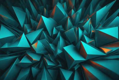 The primary subject of the image is a large, colorful, and intricate arrangement of blue triangles. The setting is a blue background, which complements the vibrant colors of the triangles. The visual style is a combination of digital art and illustration, creating a unique and eye-catching pattern. The dominant colors are blue and green, giving the image a lively and energetic atmosphere.