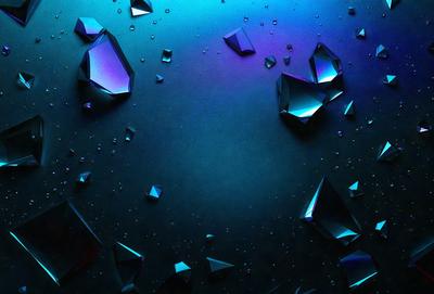 The primary subject of the image is a close-up of a blue background with a pattern of blue and purple crystals. The setting appears to be a dark room, and the visual style is a combination of a photo and digital art. The dominant colors in the image are blue and purple, creating a calm and serene atmosphere.