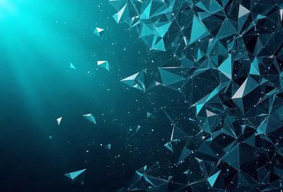 The primary subject of the image is a blue ocean with a backdrop of a blue sky. The visual style is a digital art or illustration, featuring a pattern of blue triangles. The colors and mood are predominantly blue, creating a serene and calming atmosphere.