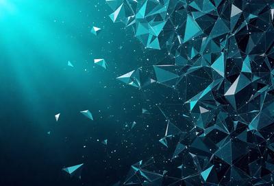The primary subject of the image is a blue ocean with a backdrop of a blue sky. The visual style is a digital art or illustration, featuring a pattern of blue triangles. The colors and mood are predominantly blue, creating a serene and calming atmosphere.