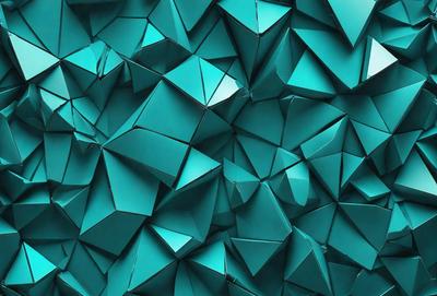 The primary subject of the image is a blue, geometric pattern. The setting is a blue wall, and the visual style is a combination of photo and digital art. The dominant colors are blue and green, creating a calm and soothing atmosphere.