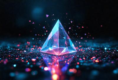 The primary subject of the image is a large, colorful, three-dimensional crystal. The setting is a dark background, which contrasts with the vibrant colors of the crystal. The visual style is a combination of photo and digital art, creating a unique and eye-catching image. The dominant colors are pink, blue, and purple, giving the scene a lively and energetic atmosphere.