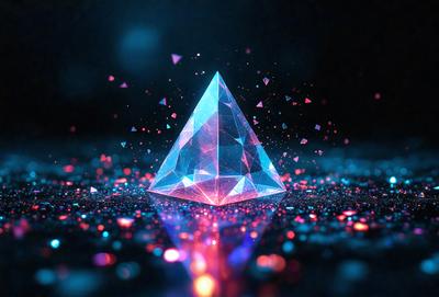 The primary subject of the image is a large, colorful, three-dimensional crystal. The setting is a dark background, which contrasts with the vibrant colors of the crystal. The visual style is a combination of photo and digital art, creating a unique and eye-catching image. The dominant colors are pink, blue, and purple, giving the scene a lively and energetic atmosphere.