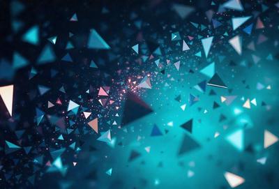The primary subject of the image is a blue and pink geometric pattern. The setting is a dark blue background, which contrasts with the bright colors of the pattern. The visual style is a digital art or illustration, as the pattern is composed of triangles and other geometric shapes. The dominant colors are blue and pink, creating a vibrant and lively atmosphere.
