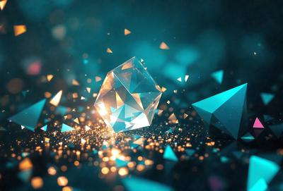 The primary subject of the image is a large, brightly lit, and colorful crystal. The setting is a dark blue background, which contrasts with the vibrant colors of the crystal. The visual style is a combination of photo and digital art, creating a unique and eye-catching effect. The colors and mood of the image are predominantly blue and bright, giving the impression of a futuristic or fantastical scene.