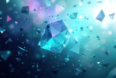 The primary subject of the image is a large, blue, three-dimensional geometric shape, which appears to be a crystal or a piece of art. The setting is a dark, blue background, which contrasts with the bright blue geometric shape. The visual style of the image is a combination of digital art and illustration, creating a unique and eye-catching design. The dominant colors in the image are blue and purple, giving the scene a calm and serene atmosphere.