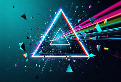 The primary subject of the image is a neon triangle, which is the main object, scene, or focus of the image. The setting is a blue background, and the visual style is digital art. The dominant colors are neon and blue, creating a vibrant and energetic atmosphere.