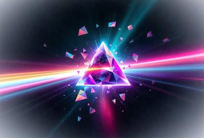 The primary subject of the image is a brightly colored, three-dimensional triangle. The triangle is surrounded by a variety of smaller, colorful triangles, creating a visually striking pattern. The setting appears to be a dark background, which contrasts with the vibrant colors of the triangles. The visual style of the image is a combination of digital art and illustration, with the triangles resembling a kaleidoscope pattern. The colors and mood of the image are lively and energetic, with the