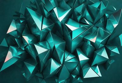 The primary subject of the image is a large number of blue triangles, which are arranged in a visually striking pattern. The setting is a blue background, which complements the vibrant color of the triangles. The visual style of the image is a combination of digital art and illustration, creating a unique and eye-catching design. The dominant colors in the image are blue and green, giving the scene a cool and modern atmosphere.