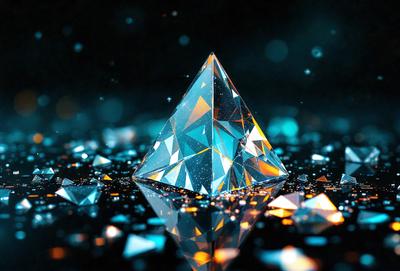 The primary subject of the image is a large, clear crystal, which is the main object in the scene. The setting is a dark, blue background, which creates a dramatic contrast with the crystal. The visual style of the image is a combination of photo and digital art, as it appears to be a close-up of the crystal, but also has a digital art-like quality to it. The colors in the image are predominantly blue, with the crystal being the main focal point, and the overall atmosphere