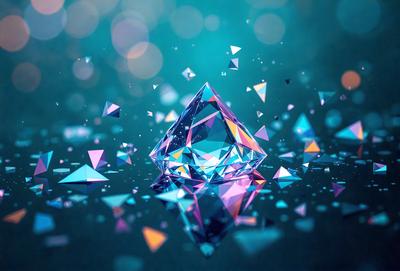 The primary subject of the image is a large, colorful crystal. The setting is a dark, blue background, which contrasts with the vibrant colors of the crystal. The visual style appears to be a combination of photo and digital art, creating a unique and eye-catching image. The dominant colors are blue and purple, giving the scene a calming and serene atmosphere.